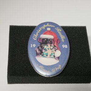 Christopher Radko 1998 Mouse Wrap Christmas Ornament Oval Pinback Button